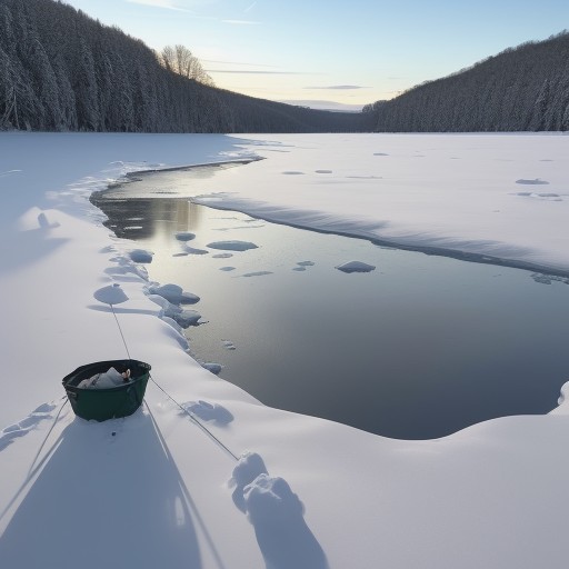 【アイスフィッシング】冬の湖で氷に穴を開けて釣る | 氷上の景色と体験 をイメージした 広角の風景、冬、湖、湖 の写真