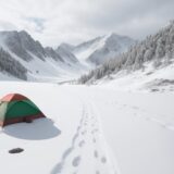 【コンパス】東の方角に合わせて進む | 冬の雪山でルートを確認する歩き方 をイメージした 広角の風景、山、冬、雪景色 の写真