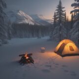 【キャンプ場】冬の夜に焚き火で暖をとる | 場所選びのコツと注意点 をイメージした 広角の風景、冬 の写真