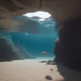 【カメ】水底の砂や岩の間を泳ぐ | 体の中で浮力を調整する仕組み をイメージした 広角の風景 の写真