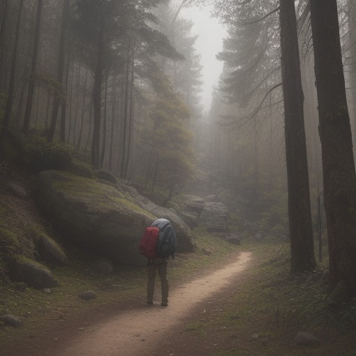 【アウトドアパンツ】秋の雨が降る登山道を歩き | 岩場での耐久性を確認する をイメージした 広角の風景、秋、登山道、ハイキング の写真