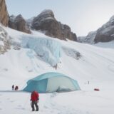 【アイスクライミング】冬の氷壁高所での登行 | 安全確保のための道具と注意点 をイメージした 広角の風景、冬 の写真