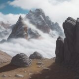 【登山ルート】岩場と雲海を越える道のり | 高度による体調の変化への備え をイメージした 広角の風景、ハイキング の写真