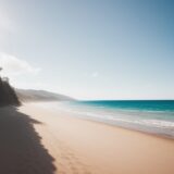 【サーフィン】波が届く砂浜でボードを運ぶ | 潮風と日差しの下で過ごす日 をイメージした 広角の風景 の写真