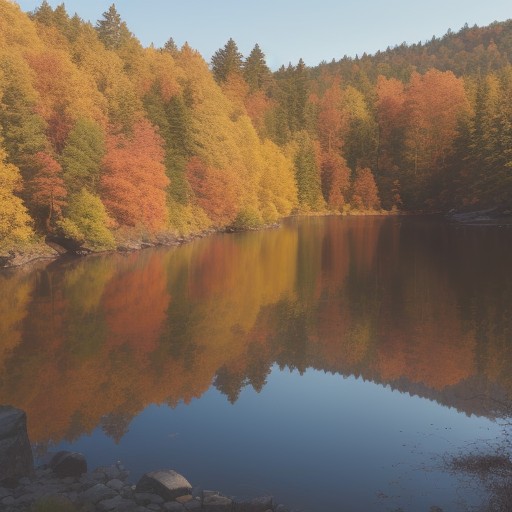 【カヤック】湖で巡るパドル体験ルート | 秋の紅葉が映る水面の景色 をイメージした 広角の風景、湖、秋 の写真
