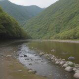 【淡水魚】里山の川に住む生き物の種類 | 生態系のつながりを知る をイメージした 広角の風景、川 の写真