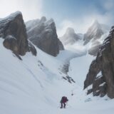 【アイスクライミング】氷壁の高所に挑む | 高度による視界の変化と緊張感 をイメージした 広角の風景 の写真