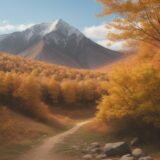 【渡州】秋の登山道 | 山全体に紅葉が広がるルートと山頂からの眺め をイメージした 広角の風景、登山道、ハイキング、秋、秋、山 の写真