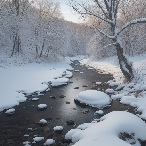 【川】山奥から里へと続く水の流れ | 水資源の仕組みを学ぶ旅 をイメージした 雪景色、川、森 の写真