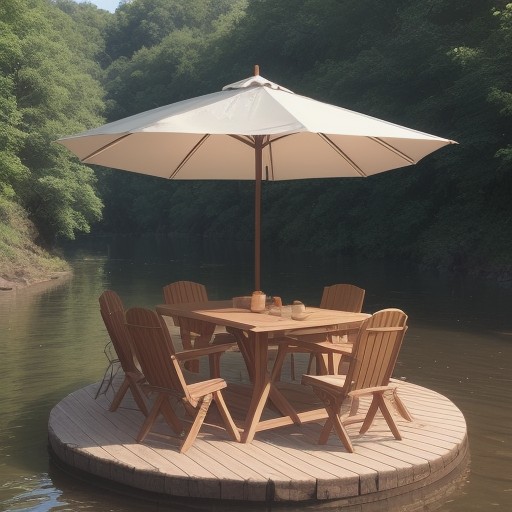 【川の道具】木製のテーブルと椅子 | 水辺で過ごす夏の時間 をイメージした 夏、川 の写真