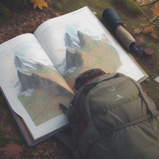【登山用品】ハイキングに持っていく地図 | 紅葉の山道を歩く準備 をイメージした 秋、ハイキング、山 の写真