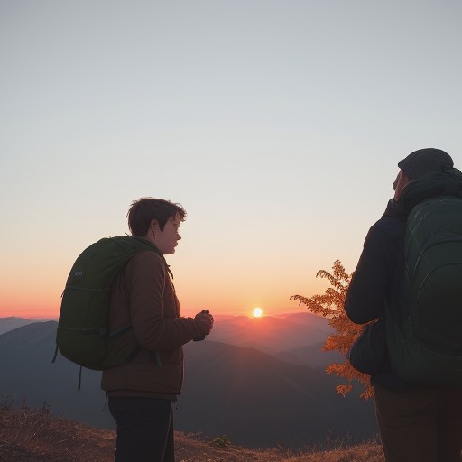 【ザック】友人と歩く秋の登山道 | 荷物と共に深まった友情とつながり をイメージした 秋、ハイキング、夕日 の写真