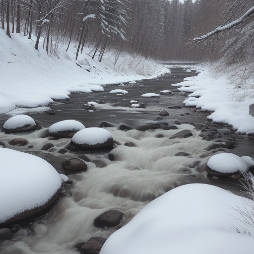 【川】山奥から里へと続く水の流れ | 水資源の仕組みを学ぶ旅 をイメージした 雪景色、川、森 の写真