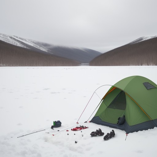 【アイスフィッシング】冬の湖で氷に穴を開けて釣る | 氷上の景色と体験 をイメージした 冬、雪景色、湖 の写真