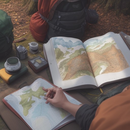 【登山用品】ハイキングに持っていく地図 | 紅葉の山道を歩く準備 をイメージした 秋、ハイキング、山 の写真