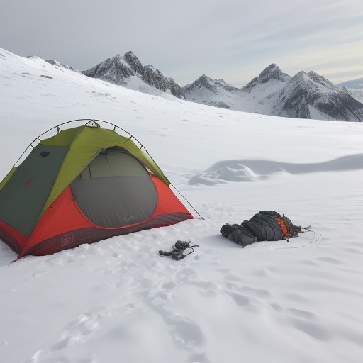 【登山用品】雪山の歩行で使う道具 | キャンプ地での宿泊に備える装備 をイメージした 冬、雪景色、山 の写真