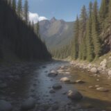 【川魚】山 stream の生き物を探す | 地域の水生生物を観察する旅 をイメージした 広角の風景、川、山 の写真