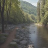 【川の流れ】水の音を聞きながら歩く道 | 森の中にある水辺まで行く時間 をイメージした 広角の風景、川、川、森 の写真