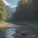 【川釣り】川の流れに合わせて仕掛けを調整する | 木々の緑に囲まれた岸辺 をイメージした 広角の風景、川、川 の写真