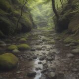 【川歩き】水音に耳を傾けて進む道 | 森の奥まで続く水の流れと岩場 をイメージした 広角の風景、川、森 の写真