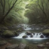 【河童】日本各地の川に住む水辺の生物 | 水面の様子と生息地の環境 をイメージした 広角の風景、川 の写真