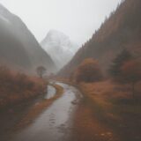 【防水ジャケット】秋の雨が降る登山道を歩く | 軽量モデルでの山行 をイメージした 広角の風景、秋、登山道、ハイキング、山 の写真