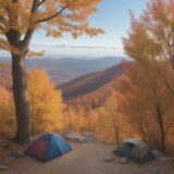 【紅葉】登山道で見る木々の色の変化 | 山頂から眺める景色と歩くルート をイメージした 広角の風景、秋、登山道、ハイキング、ハイキング の写真