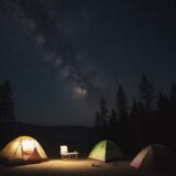 【キャンプ場】星空の下で外気浴 | 体験した場所と持ち物のリスト をイメージした 広角の風景 の写真