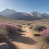 【ハイキング】春の山道で花を眺めて歩く | 山頂へ向かうルート をイメージした 広角の風景、ハイキング、山、春 の写真
