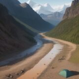 【洪水】山や川での自然リスク | 避難場所の確認と移動のタイミング をイメージした 広角の風景、山、川 の写真