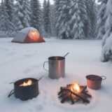 【火おこし】マッチ一本で炎を上げる手順 | 雪が積もるキャンプ場の夜 をイメージした 広角の風景、雪景色、冬 の写真