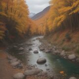 【渓流釣り】秋の山道を歩いて | 紅葉が色づく川で一匹を狙う をイメージした 広角の風景、山、秋、ハイキング、川 の写真