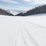 【スキー】雪原に伸びる滑走路のような直線を滑る | 風を切る速度感 をイメージした 広角の風景、雪景色 の写真