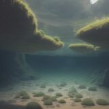 【沈水植物】川底に広がる緑の群生 | 水中の様子を写真で記録する をイメージした 広角の風景、川 の写真