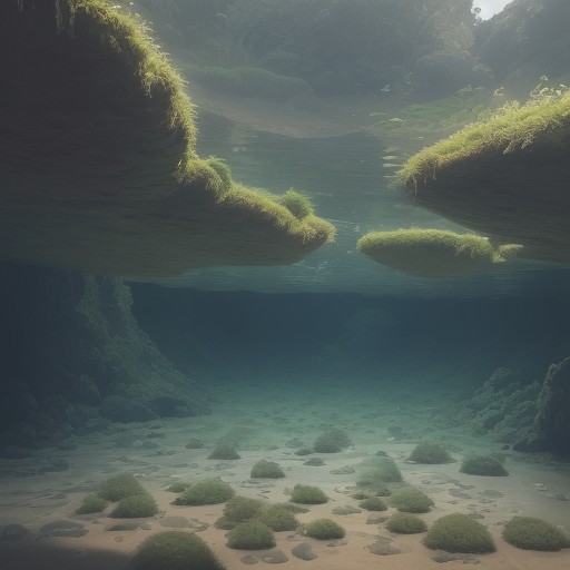 【沈水植物】川底に広がる緑の群生 | 水中の様子を写真で記録する をイメージした 広角の風景、川 の写真