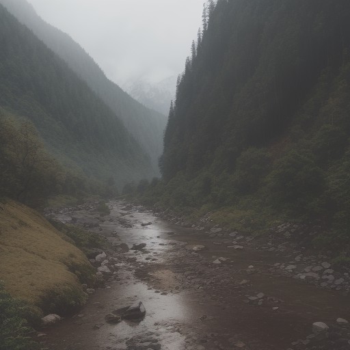 【雨の登山】大雨による土砂崩れや川の増水 | 山で身を守るための避難方法 をイメージした 広角の風景、ハイキング、川、山 の写真