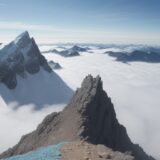 【登山】山頂へ到達した瞬間の達成感 | 足元に広がる雲海と空の青さ をイメージした 広角の風景、山 の写真