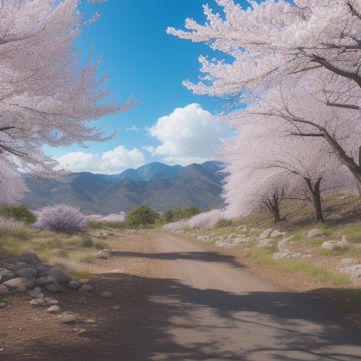 【登山】春の山道で散歩をする | 山桜や新緑が並ぶルートを歩く記録 をイメージした 広角の風景、ハイキング、山、登山道、春、ハイキング の写真