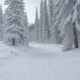 【ウィンタートレイルランニング】雪上のコースを走る | 装備と準備のポイント をイメージした 広角の風景、登山道、冬、雪景色 の写真