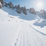 【アルペンスキー】山頂からふもとまで滑り降りるコース | 雪の斜面を駆け抜ける瞬間 をイメージした 広角の風景、松林、雪景色 の写真