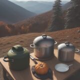 【クッカー】山での食事作りに使う道具 | 秋の紅葉の中で試した調理製品 をイメージした 広角の風景、山、秋 の写真