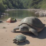 【カメ】川辺の岩場で出会った爬虫類 | 日光浴をする姿や習性を観察した記録 をイメージした 広角の風景、川 の写真