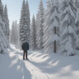 【スノーシュー】冬の森で雪道を歩くコース選び | 服装と持ち物の準備 をイメージした 広角の風景、雪景色、森、冬 の写真