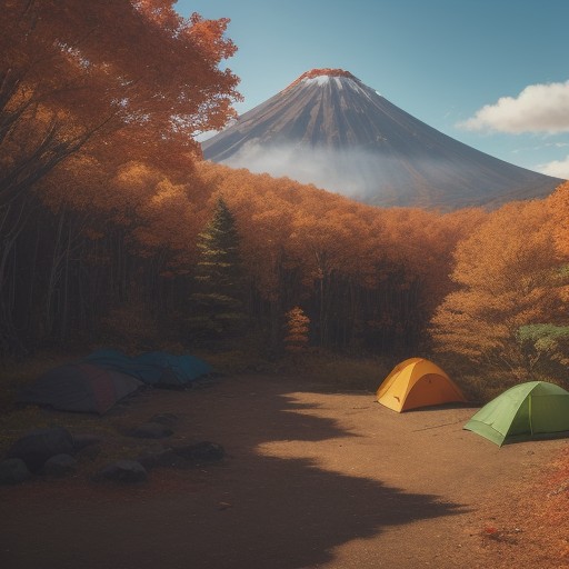 【火山】噴火の危険がある登山道 | 秋の紅葉と避難路の確認 をイメージした 広角の風景、登山道、ハイキング、秋 の写真