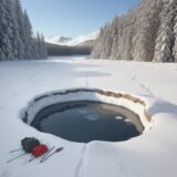 【アイスフィッシング】氷に穴を開けて釣る体験 | 冬の湖で自然と触れ合う時間 をイメージした 広角の風景、冬、湖 の写真