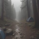 【登山靴】防水と軽量さを備えたモデル | 雨の日の山道を歩く をイメージした 広角の風景、ハイキング、山、登山道 の写真