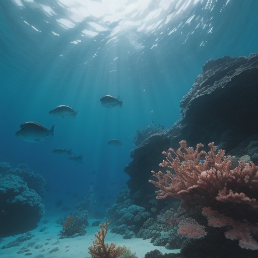 【フィン】水辺から海に潜り魚を探す | 海底に広がる景色と生き物の動き をイメージした 広角の風景 の写真