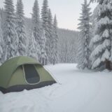 【キャンプ用具】野外での使い方 | 冬の森で過ごす夜の準備 をイメージした 広角の風景、森、冬 の写真