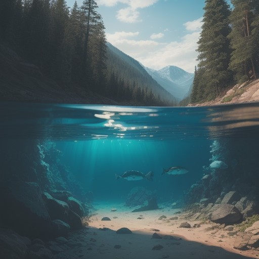 【水泳】フィンを使い潜る湖の水質 | 夏の透明度と底まで見える景色 をイメージした 広角の風景、湖、夏 の写真