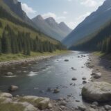 【淡水魚】山の中を流れる川の生き物 | 夏の日の川遊びで探して歩く をイメージした 広角の風景、山、川、夏、川 の写真